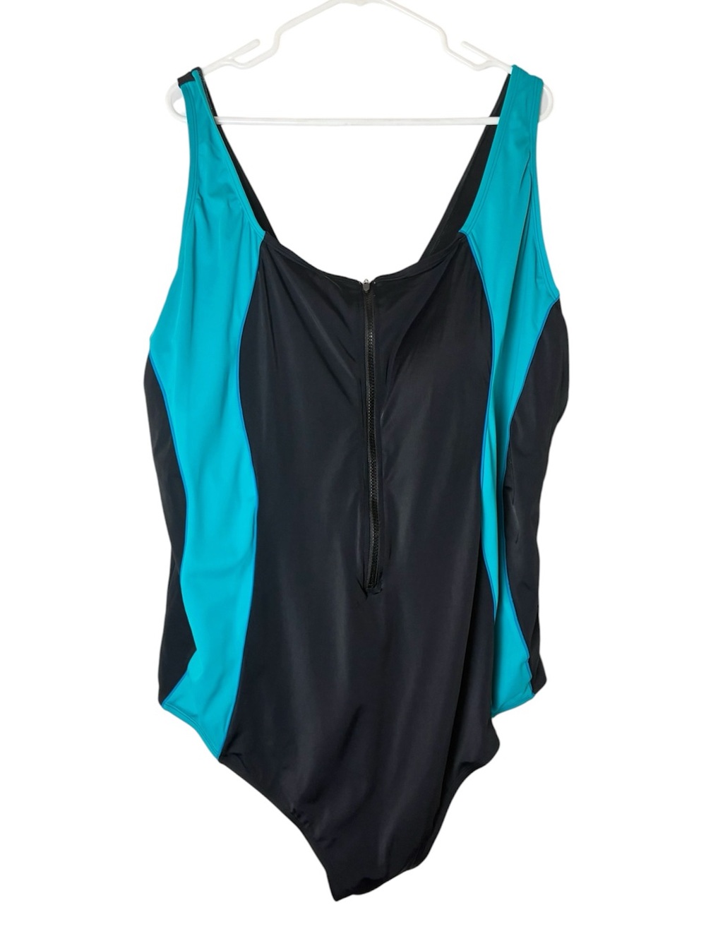 Swimsuits For All Black and Teal Front-Zip One-Piece Swimsuit Tummy Control